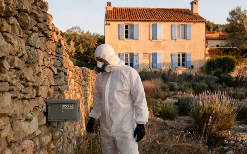 Technicien de dératisation contrôlant un poste d'appâtage verrouillé devant une maison provençale aux volets bleus près de Sorgues