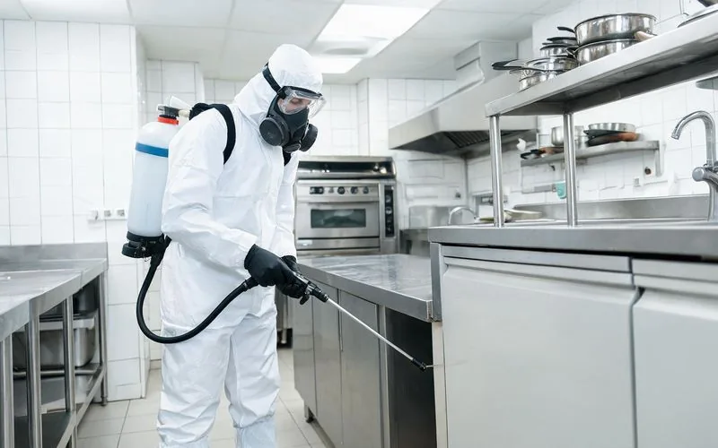 Technicien de dératisation en tenue de protection intervenant dans la cuisine professionnelle d'un restaurant à Avignon