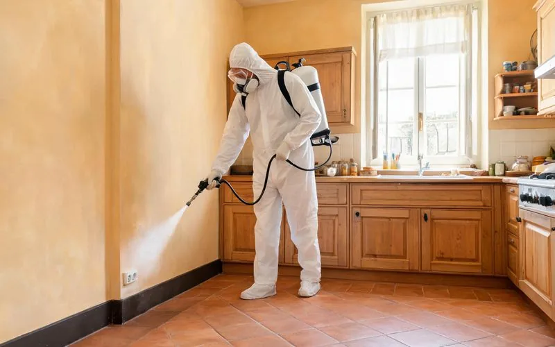 Technicien de désinsectisation pulvérisant un traitement insecticide dans une cuisine provençale à Avignon